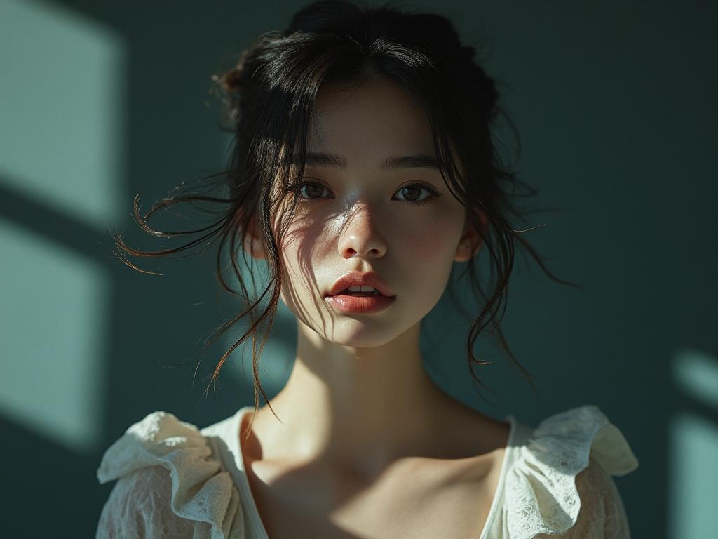 Portrait of a young woman with natural lighting and soft shadows on her face, wearing a white ruffled blouse.