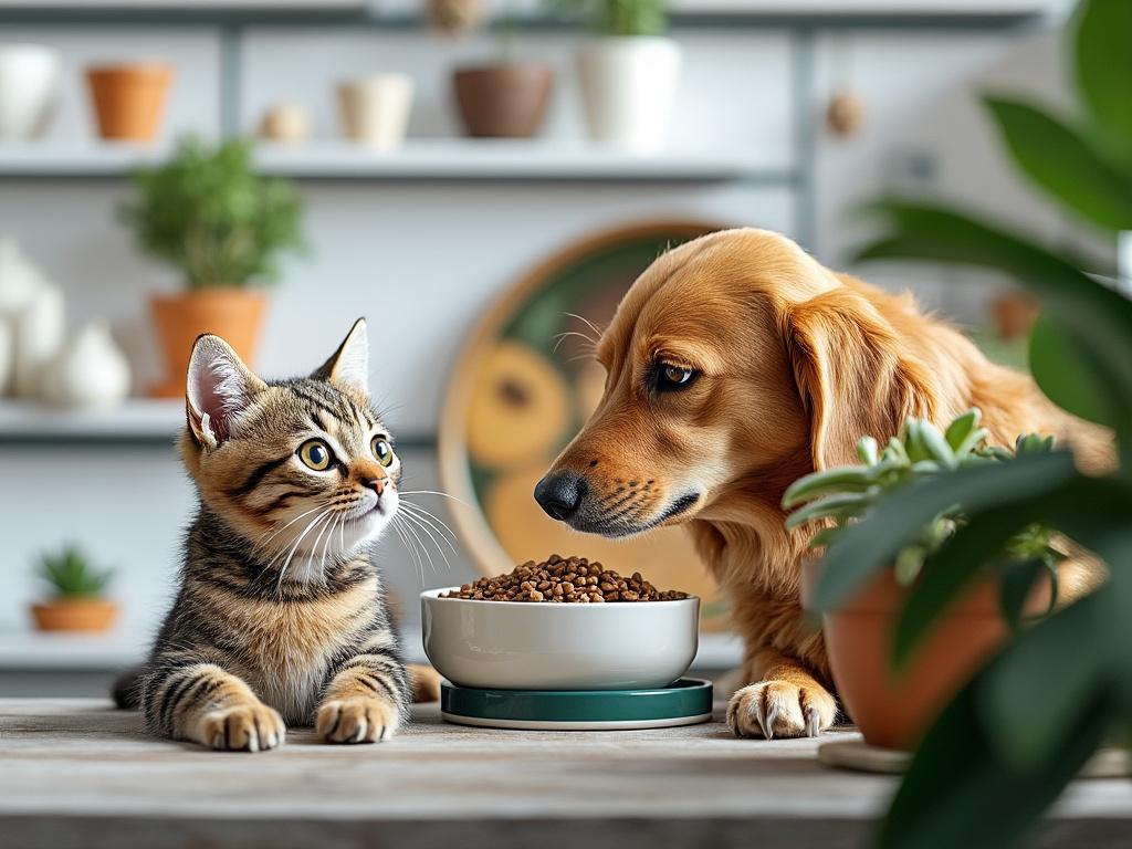 Gato atigrado y perro golden retriever junto a un cuenco de comida para mascotas en casa con plantas