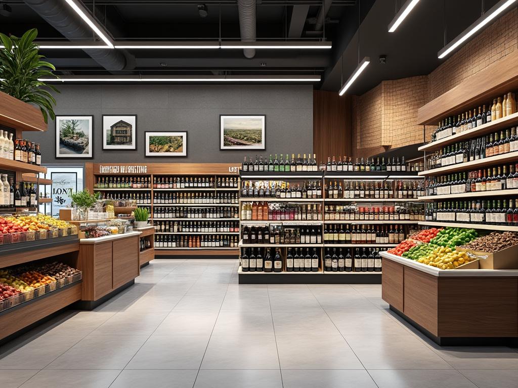 Interior de un supermercado moderno con estantes llenos de botellas de vino y secciones de frutas frescas.