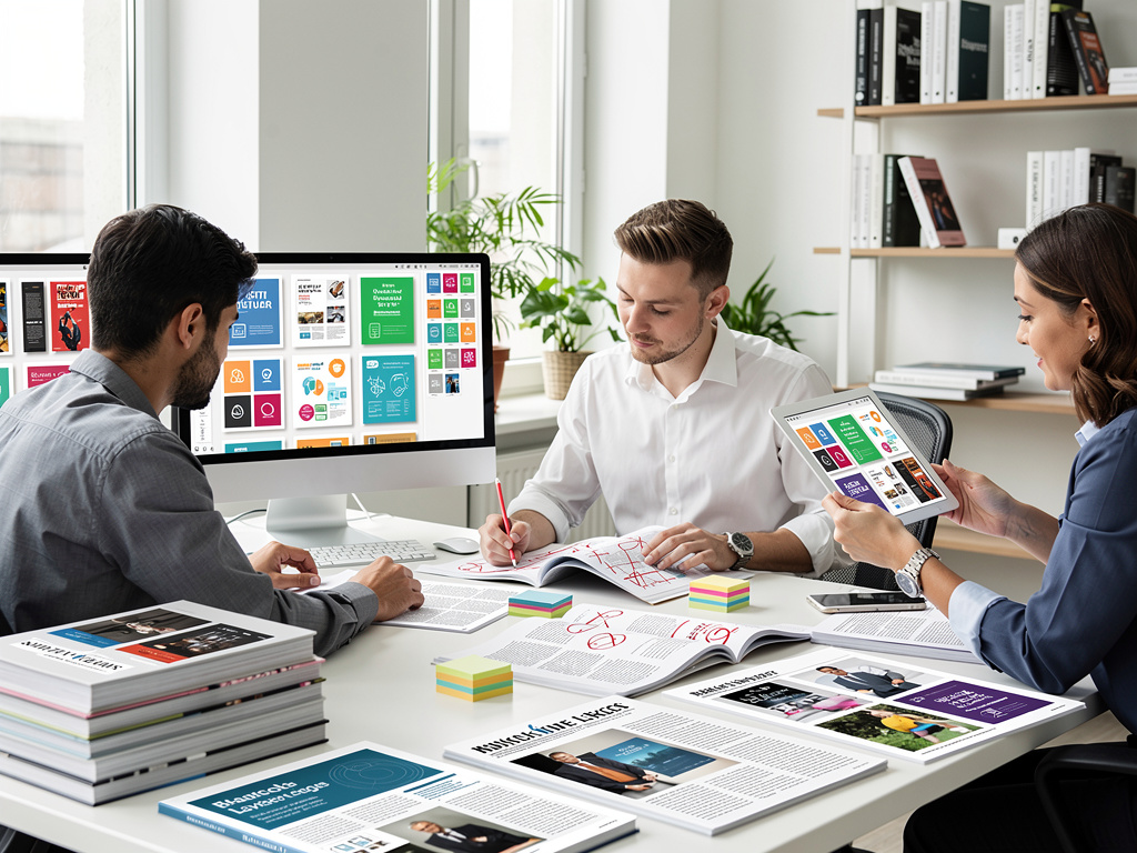 Equipo de diseño gráfico revisando maquetas digitales, revistas y materiales de marketing en oficina moderna
