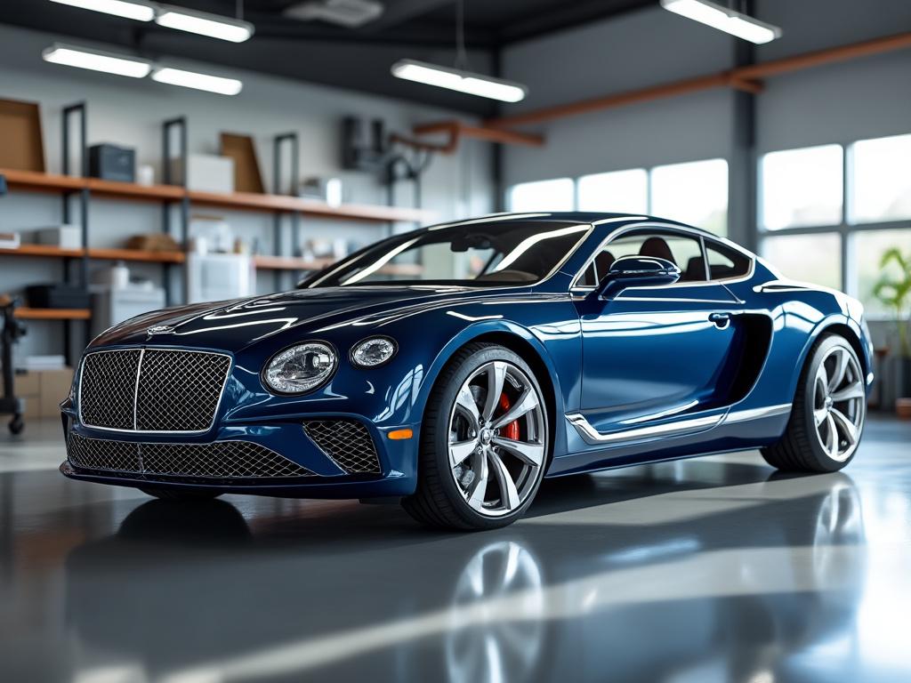 Coche deportivo de lujo azul en un garaje moderno con iluminación suave.