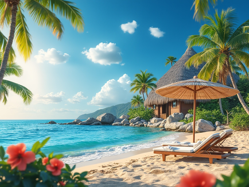 Playas tropicales con palmeras, cabañas de techo de paja, tumbonas y sombrillas junto a un mar azul cristalino bajo un cielo despejado.