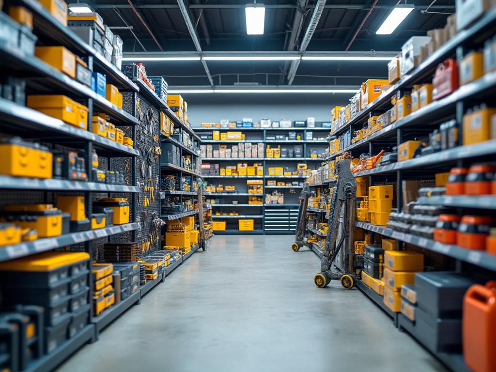 Pasillo de una tienda de herramientas con estantes llenos de cajas y materiales de construcción.