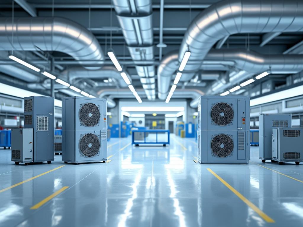 Unidades de ventilación industrial en un almacén con conductos de aire metálicos y piso reflectante.
