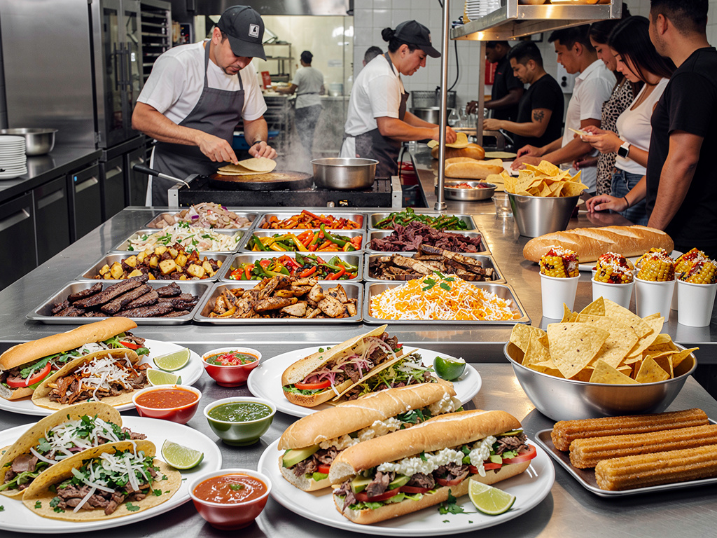 Cocina de restaurante mexicano con chefs preparando tacos, tortas, nachos, churros y guarniciones frescas