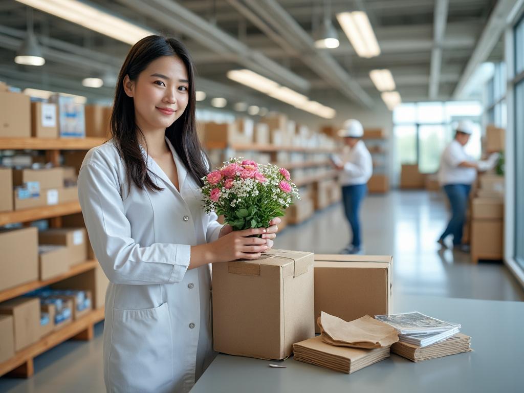 Woman in a warehouse holding a pink flower bouquet, surrounded by cardboard boxes and packaging materials. Woman in a warehouse holding a pink flower bouquet, surrounded by cardboard boxes and packaging materials.