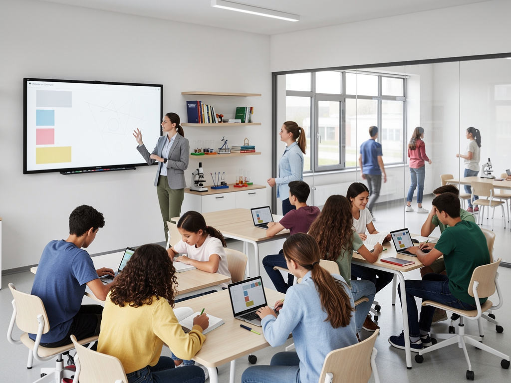 Aula moderna con profesora usando pizarra digital y estudiantes trabajando en tabletas en grupos