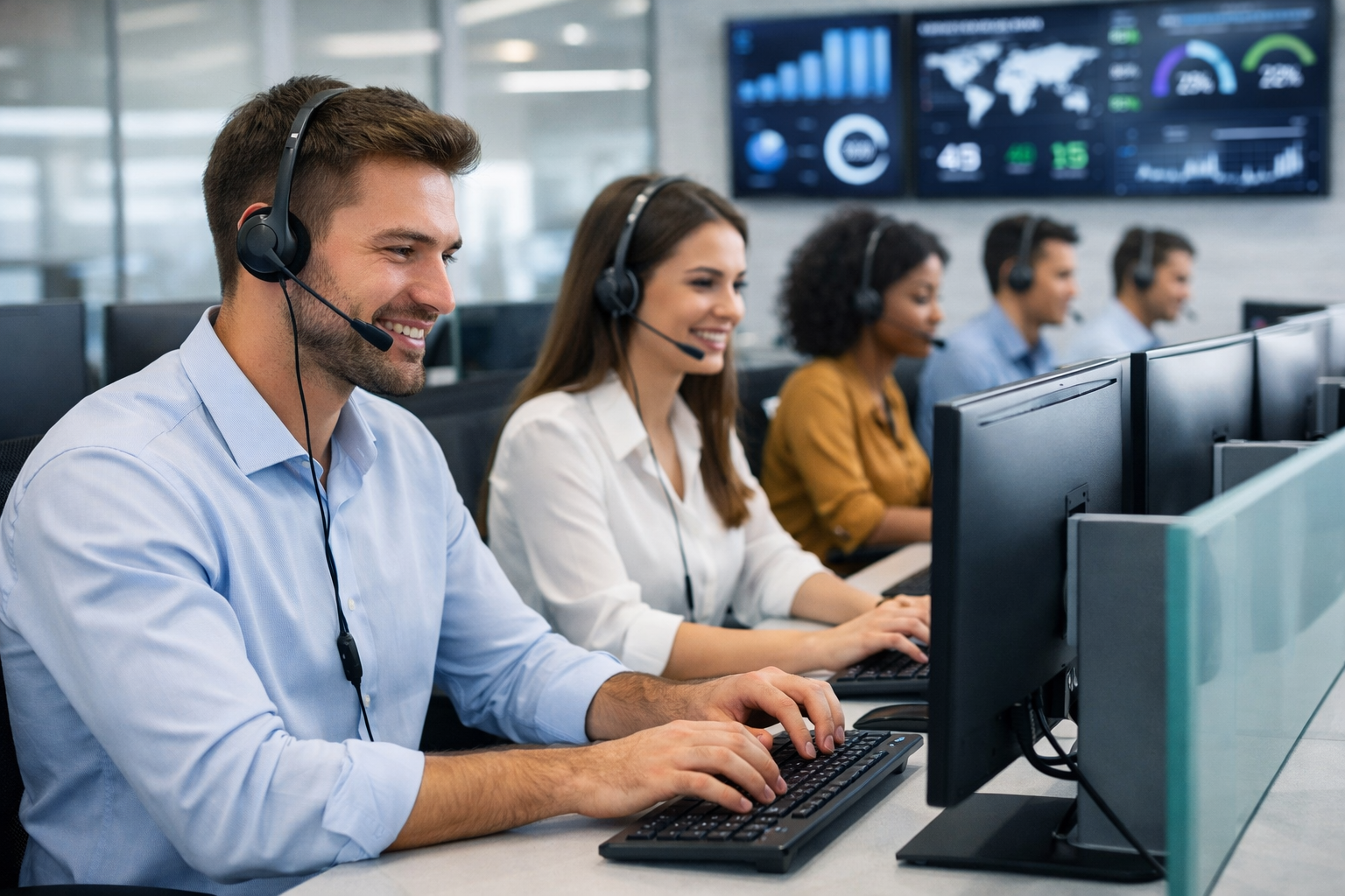 Customer service call center agents wearing headsets working at computers with analytics dashboards in modern office