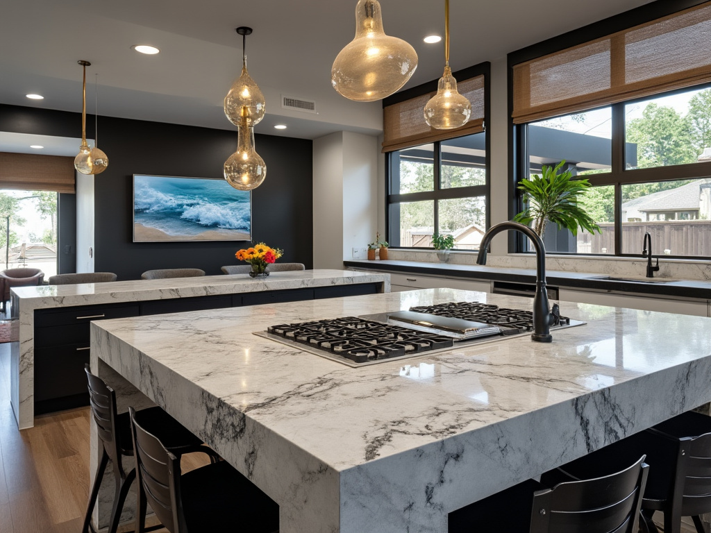 Modern luxury kitchen with marble island, gas cooktop, black cabinetry, pendant lights, and large windows