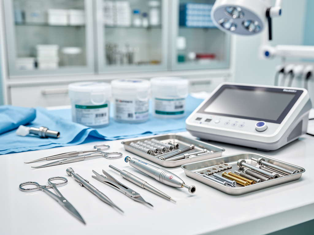 Instrumental quirúrgico y equipo médico en mesa de quirófano con implantes dentales y monitor Instrumental quirúrgico y equipo médico en mesa de quirófano con implantes dentales y monitor
