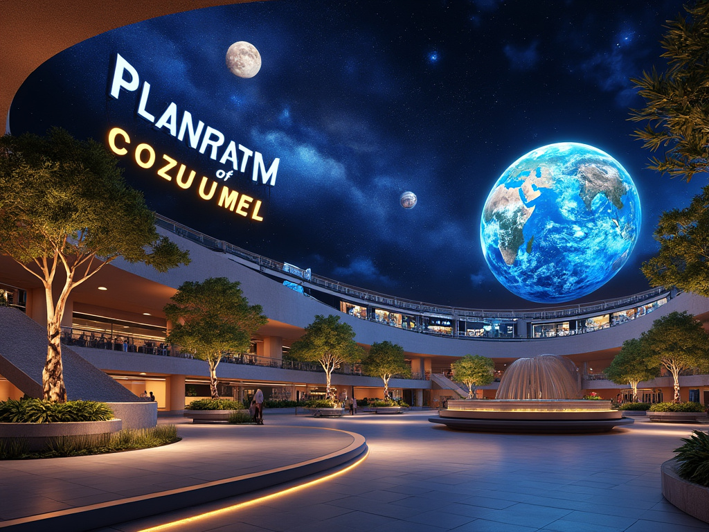 Centro comercial moderno con fuente iluminada, árboles y pantalla gigante mostrando la Tierra en una noche estrellada en Cozumel.