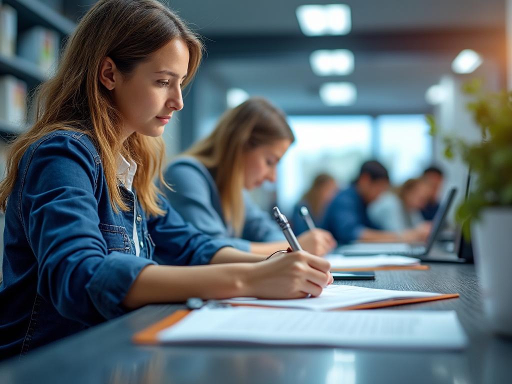 Students studying diligently in a library setting, with notebooks and laptops, focused on their work. Students studying diligently in a library setting, with notebooks and laptops, focused on their work.