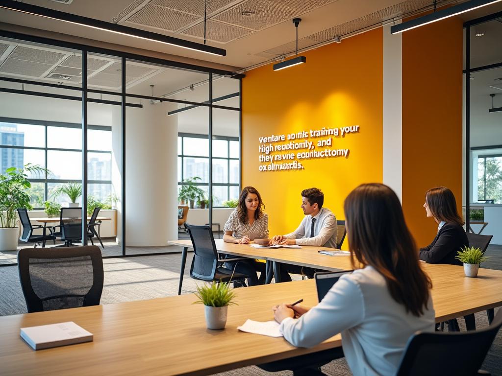 Reunión de grupo de trabajo en oficina moderna con pared amarilla y plantas decorativas.