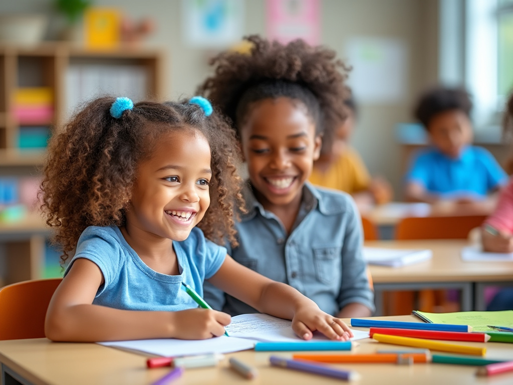 Two smiling young girls with curly hair engaging in a classroom activity, surrounded by colorful pens and papers.