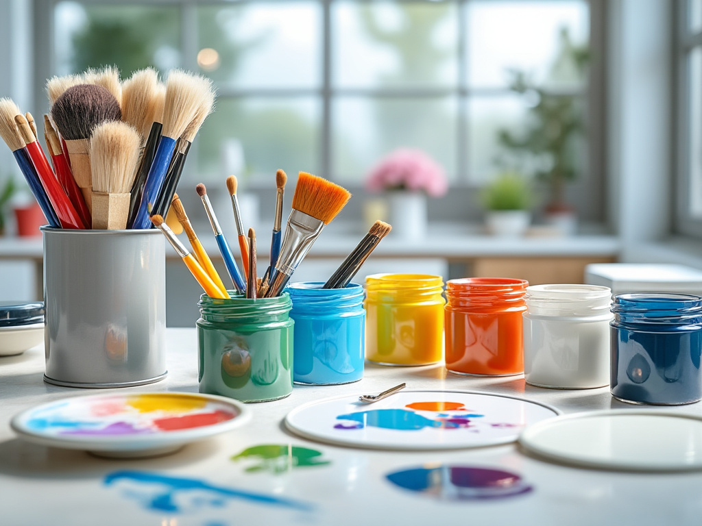Utensilios de pintura sobre una mesa, incluyendo pinceles en un recipiente y tarros de pintura de colores.
