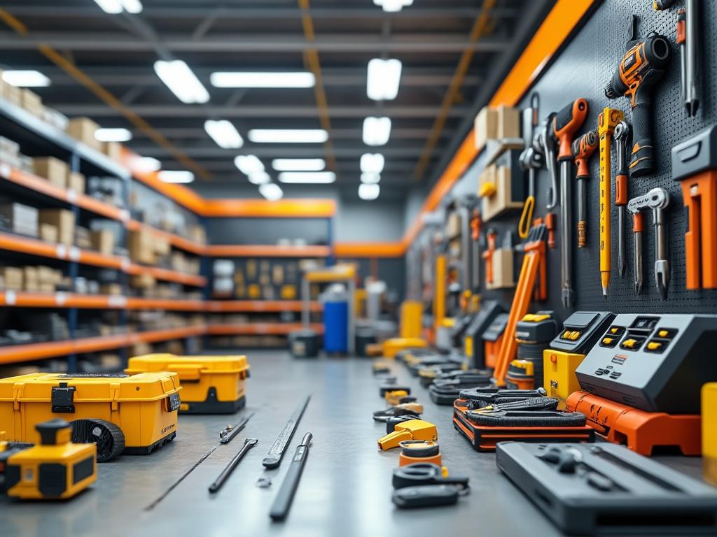 Taller de herramientas bien organizado con taladros, destornilladores y cajas de herramientas en un banco de trabajo, estanterías de fondo.