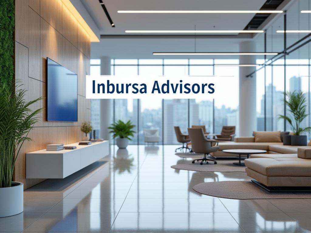Oficina moderna y luminosa con mesas de conferencia y plantas, logotipo de Inbursa Advisors en la pared.
