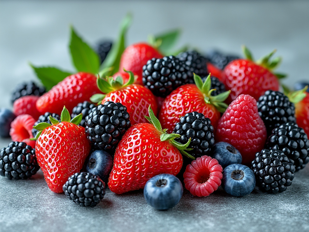 Mezcla de fresas frescas, moras, frambuesas y arándanos sobre una superficie gris.