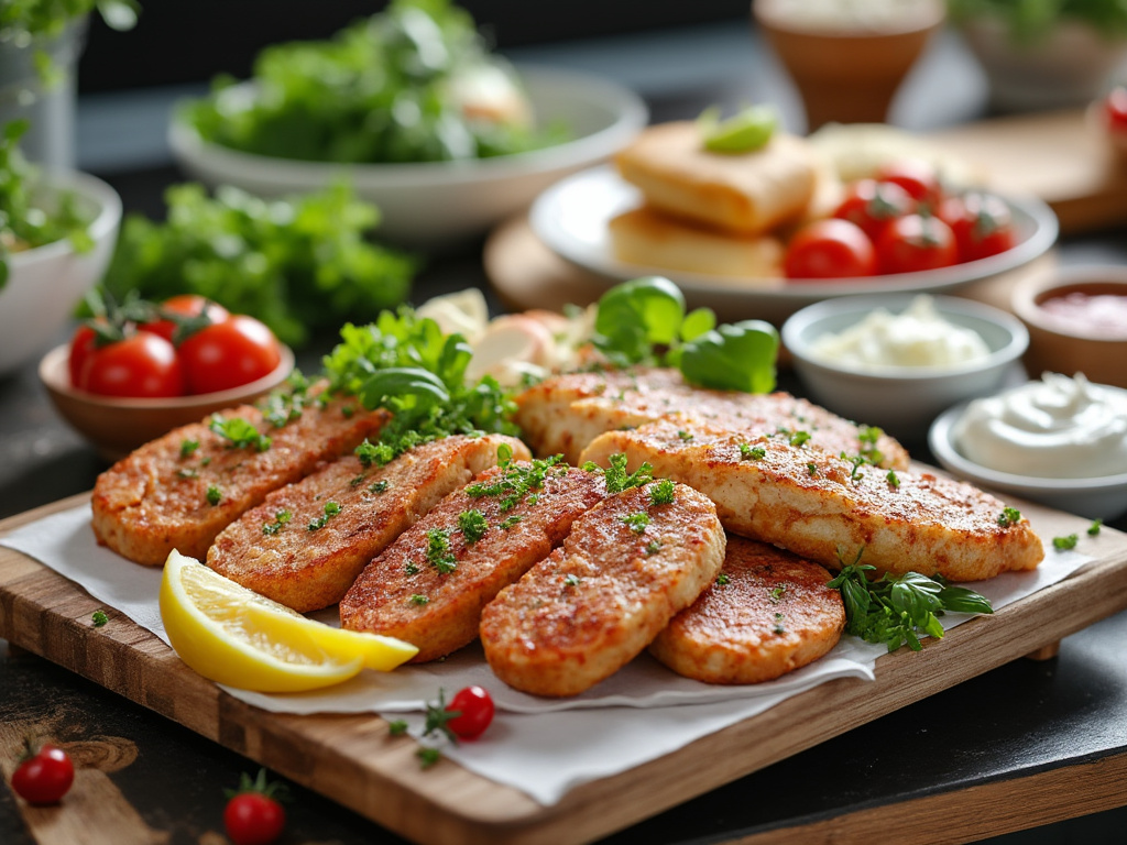 Croquetas de pollo caseras servidas en una tabla de madera, decoradas con rodajas de limón y hierbas frescas, rodeadas de cuencos con salsas y verduras frescas.