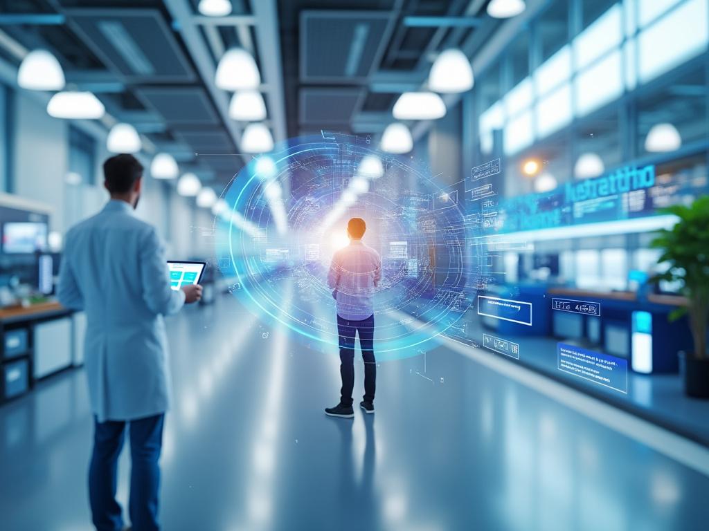 Dos personas en un entorno futurista de oficina, una con bata blanca sosteniendo un dispositivo, mientras la otra interactúa con una interfaz holográfica. Dos personas en un entorno futurista de oficina, una con bata blanca sosteniendo un dispositivo, mientras la otra interactúa con una interfaz holográfica.