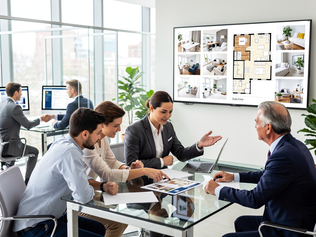 Agente inmobiliaria presenta planos y fotos de una vivienda a clientes en oficina moderna
