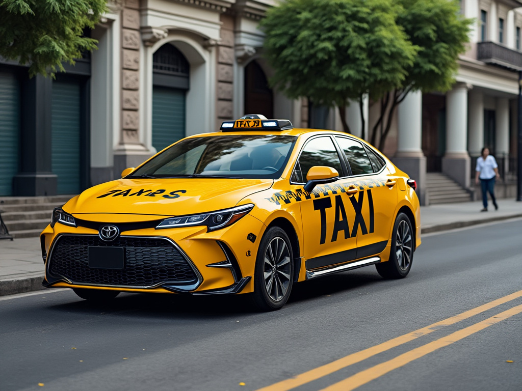 Taxi amarillo Toyota circulando por una calle urbana arbolada frente a edificios clásicos Taxi amarillo Toyota circulando por una calle urbana arbolada frente a edificios clásicos