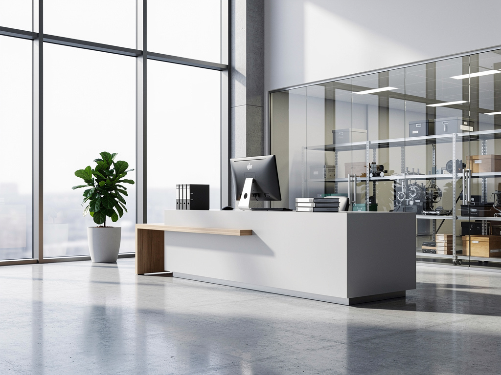 Recepción moderna de oficina con escritorio blanco, ordenador, ventanales, planta y sala técnica acristalada