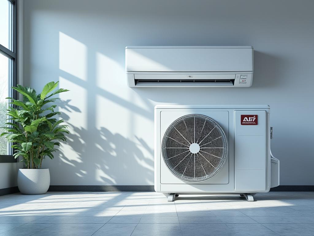 Unidad de aire acondicionado montada en una pared junto a una planta en una sala iluminada por la luz del sol.