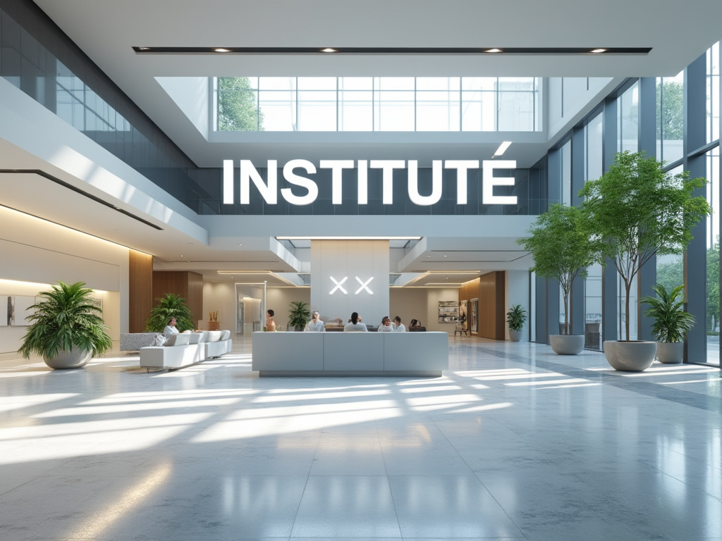 Vestíbulo moderno con gran letrero 'INSTITUTÉ', muebles blancos y plantas decorativas.