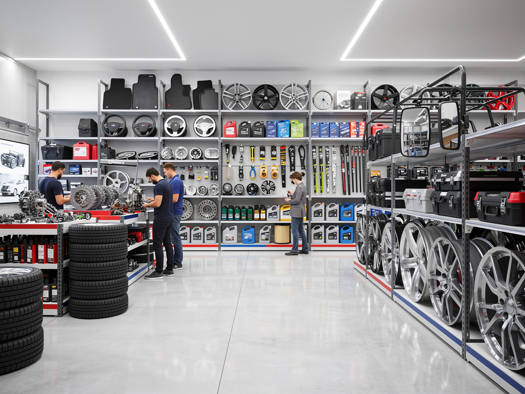 Tienda de repuestos y accesorios de automóvil con llantas, neumáticos, aceites, herramientas y mecánicos atendiendo clientes