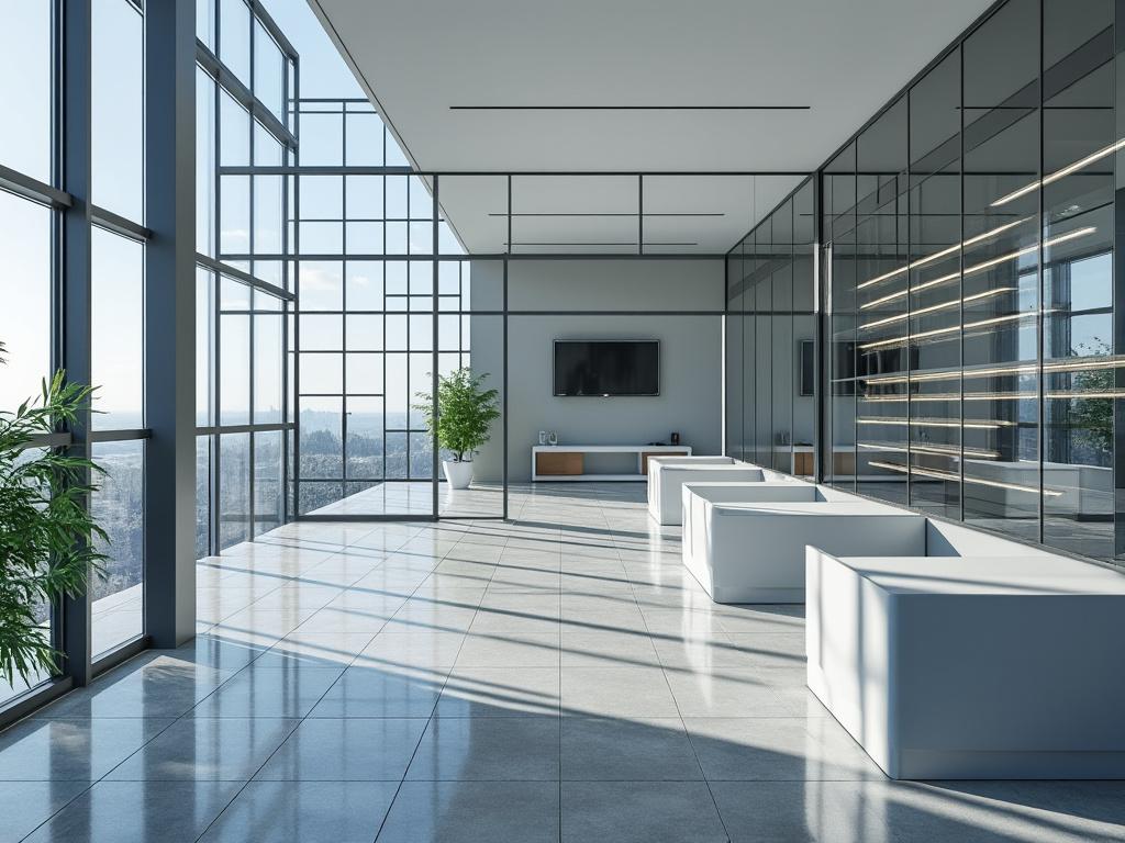 Sala de estar moderna con grandes ventanales, muebles blancos minimalistas y plantas decorativas en macetas.