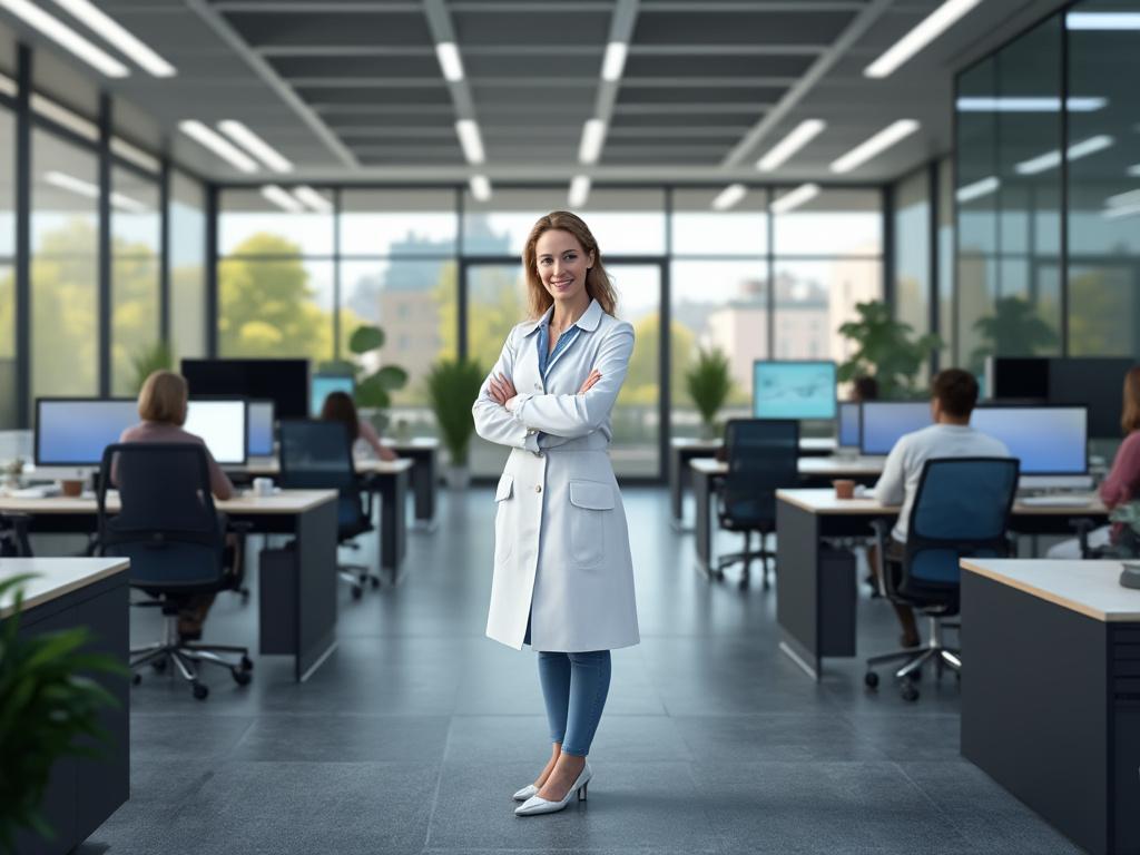 Mujer sonriente con bata de laboratorio en oficina moderna con múltiples estaciones de trabajo y ventanas grandes.