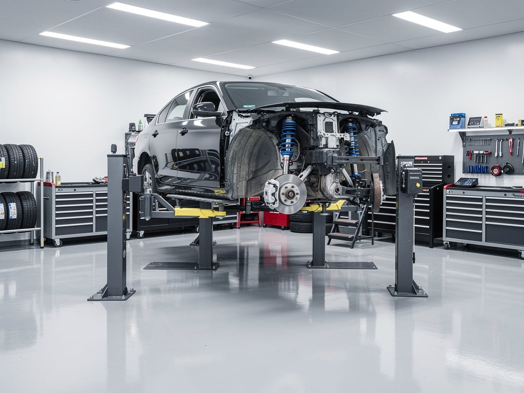 Coche negro elevado en taller mecánico moderno para reparación de suspensión y frenos