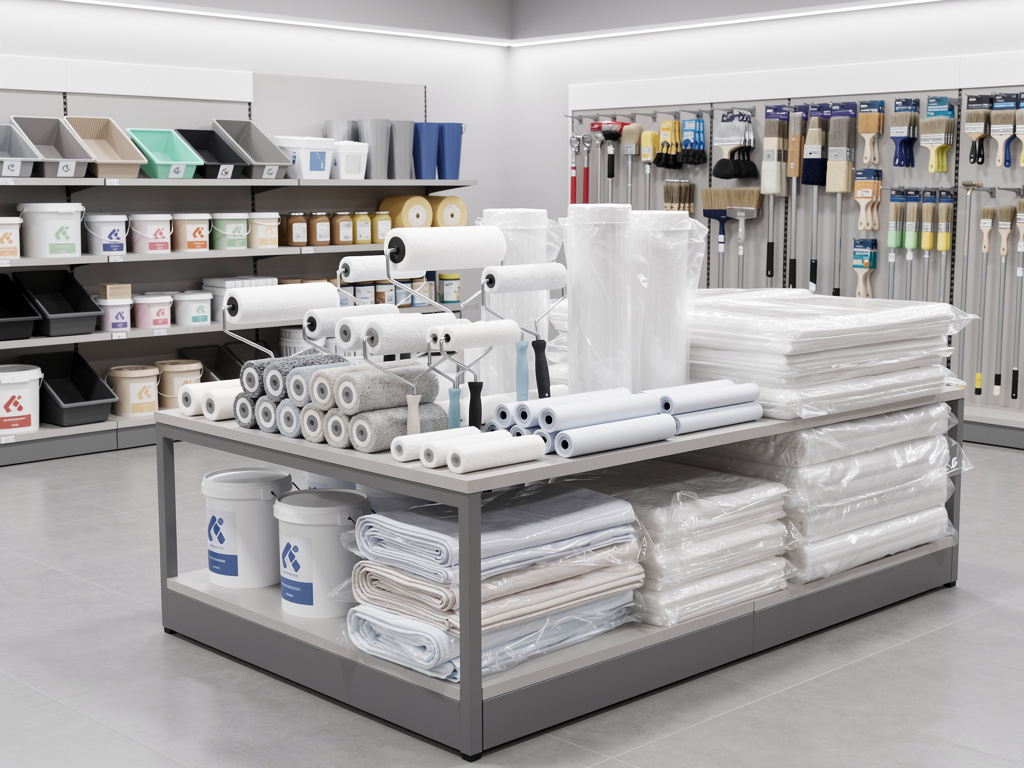 Tienda de suministros de pintura con rodillos, brochas, cubetas y lonas protectoras organizadas en estantes