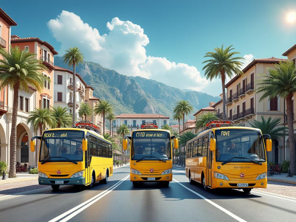 Tres autobuses amarillos circulando por una calle bordeada de palmeras y edificios, con montañas al fondo y un cielo despejado.