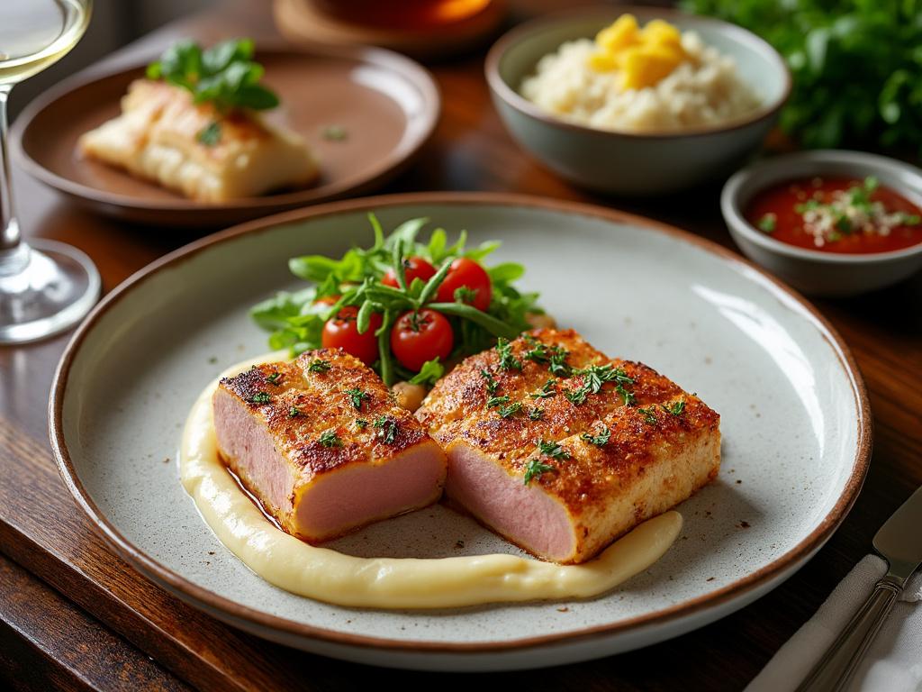 Plato de carne asada con puré de patatas y guarnición de ensalada verde y tomates cherry, sobre mesa de madera.