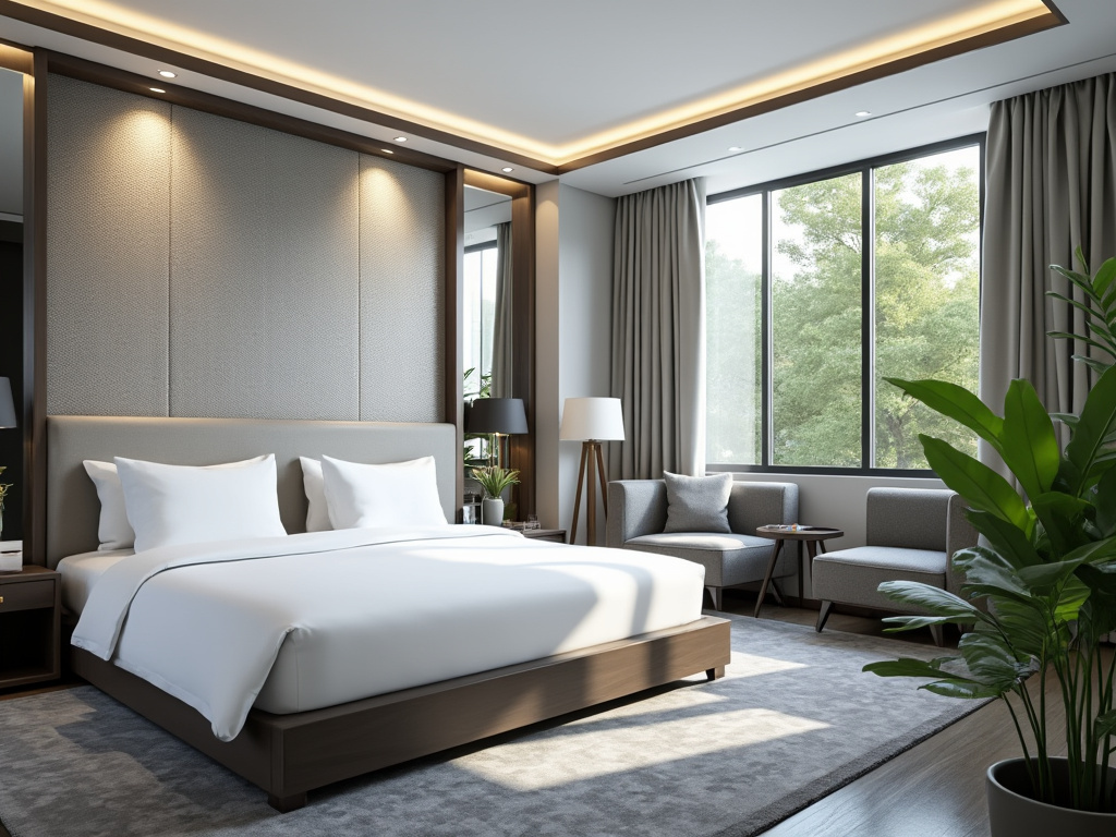 Dormitorio moderno de lujo con cama king size, grandes ventanales, sillones, planta de interior e iluminación cálida