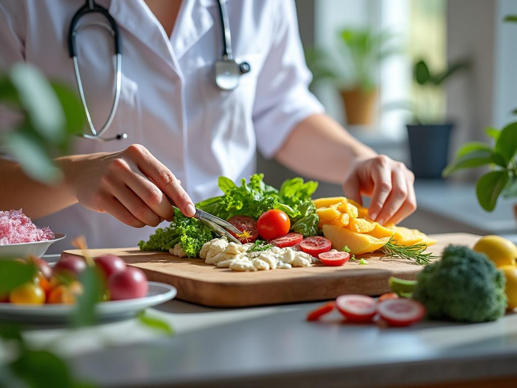 Healthcare professional preparing a healthy salad with fresh vegetables and cheese on a wooden board in a bright kitchen.