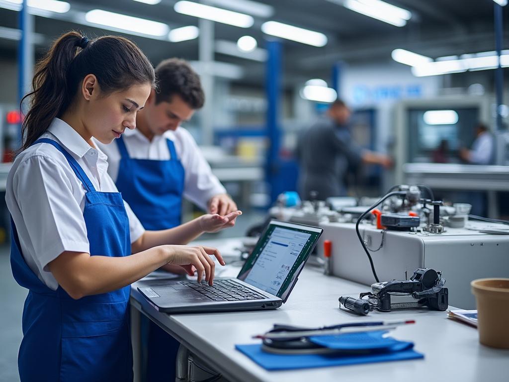 Trabajadores en fábrica utilizando computadora portátil para controlar equipo técnico.