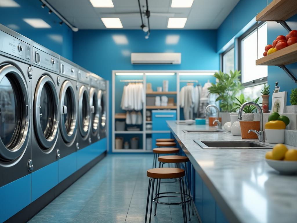 Lavandería moderna con lavadoras de acero inoxidable y mostrador de cocina azul, con plantas y frutas frescas decorando.