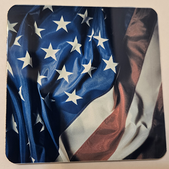 Square metal coaster with a USA flag design