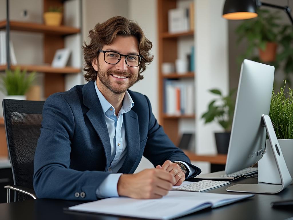 Hombre con gafas y traje sonríe mientras trabaja en su escritorio con una computadora moderna, con estanterías y plantas en el fondo.