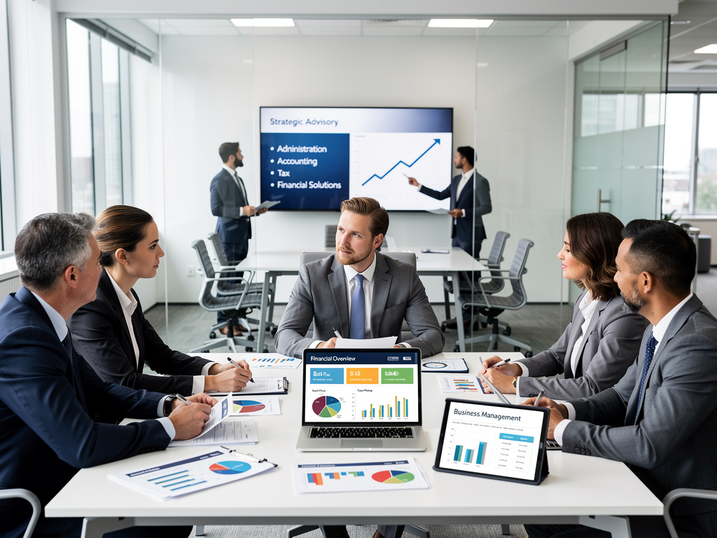Equipo empresarial en reunión de consultoría estratégica analizando gráficos financieros y presentación en oficina moderna