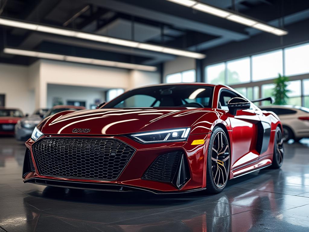 Red sports car inside a modern showroom with sleek design and shiny finish.