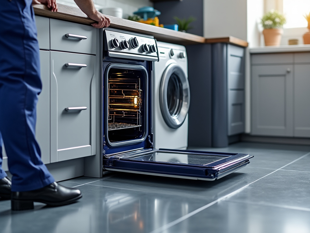 Modern kitchen interior with open oven, adjacent washing machine, and a person in uniform standing nearby.