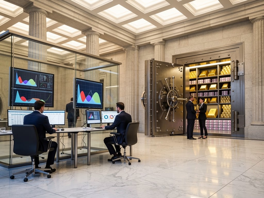 Luxury bank vault interior with analysts monitoring financial charts and an open safe filled with gold bars and cash