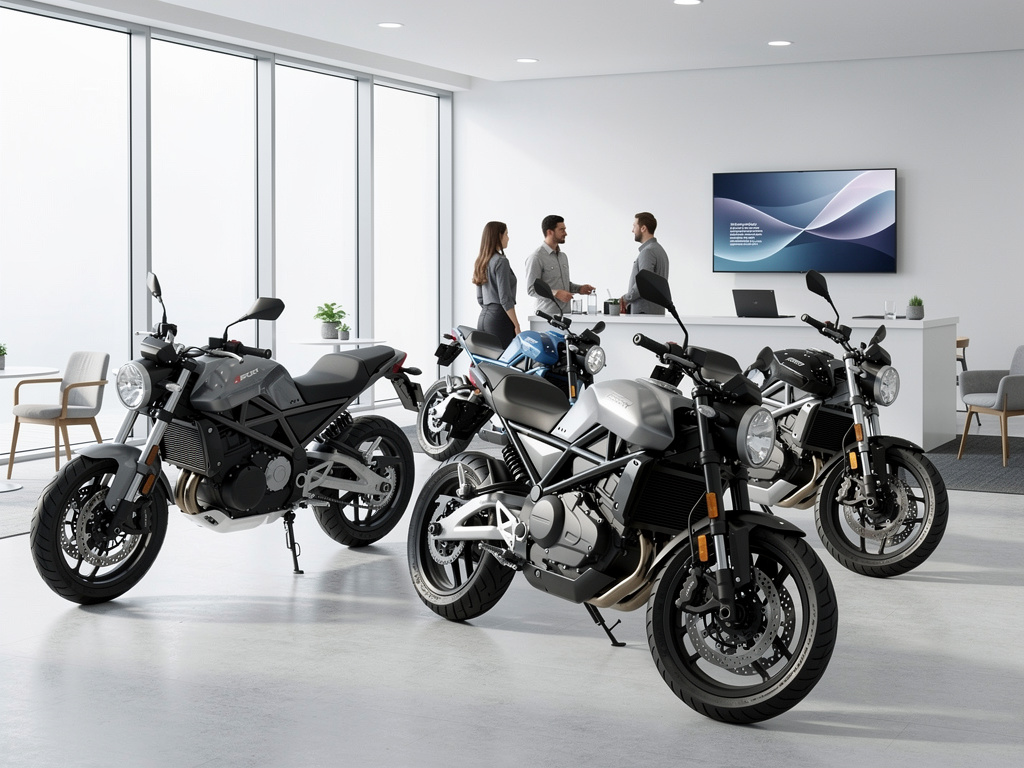Motocicletas eléctricas modernas en un concesionario luminoso con clientes y personal al fondo Motocicletas eléctricas modernas en un concesionario luminoso con clientes y personal al fondo