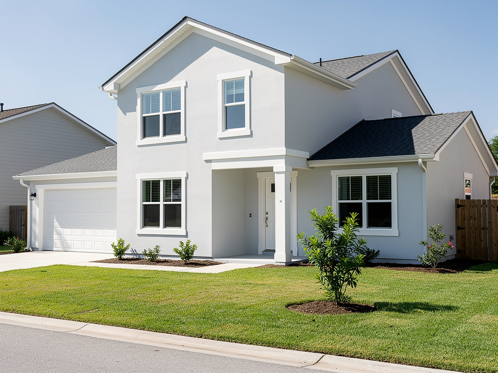 Modern two-story white suburban house with attached garage, front lawn, and landscaped shrubs under a clear blue sky