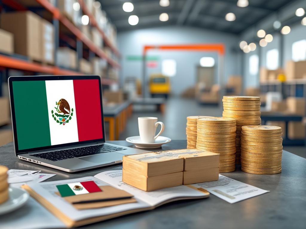 Portátil con bandera de México en pantalla, pilas de monedas y papeles en un almacén moderno.