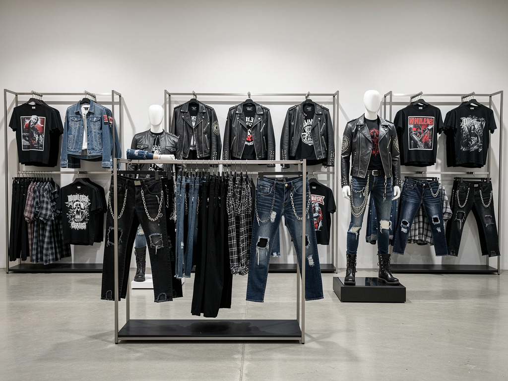 Tienda de ropa estilo rock punk con chaquetas de cuero, camisetas gráficas y jeans rotos en exhibición